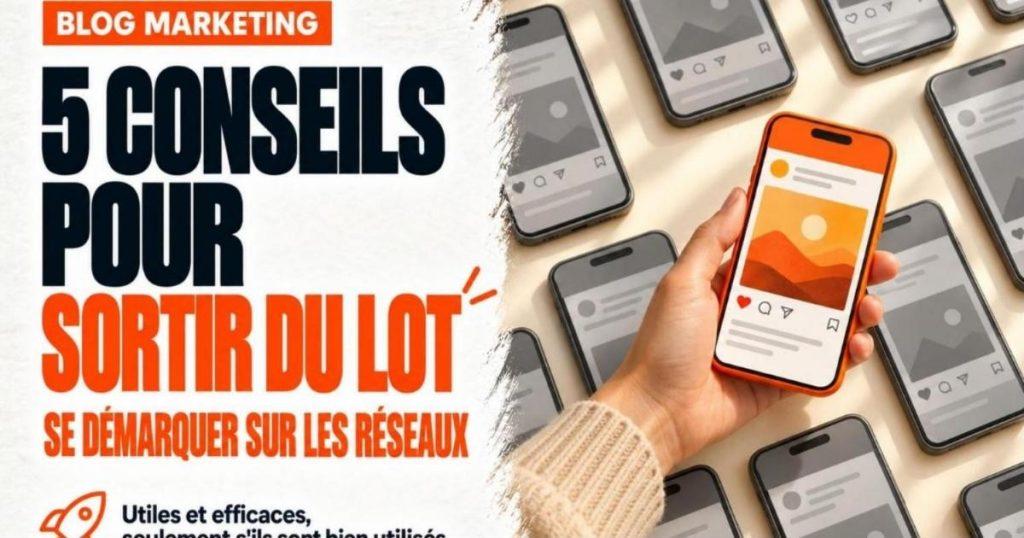 Main tenant un téléphone orange parmi une grille de téléphones gris identiques. 5 conseils pour se démarquer sur les réseaux sociaux