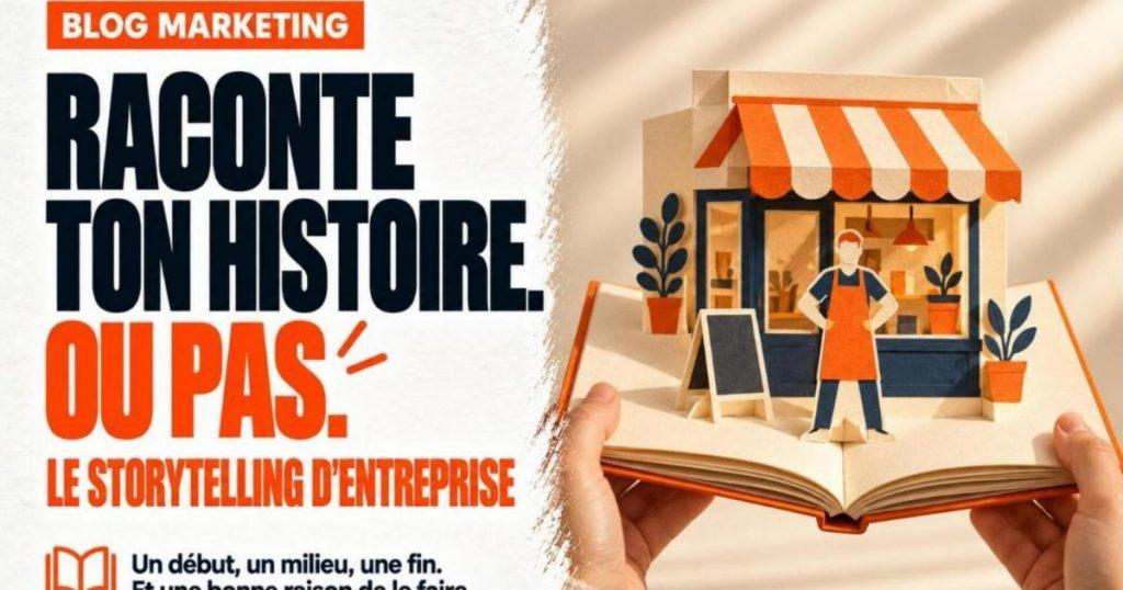 Livre ouvert tenu à deux mains d'où s'élève en papier découpé une petite boutique et son propriétaire. Le storytelling d'entreprise, pour ou contre