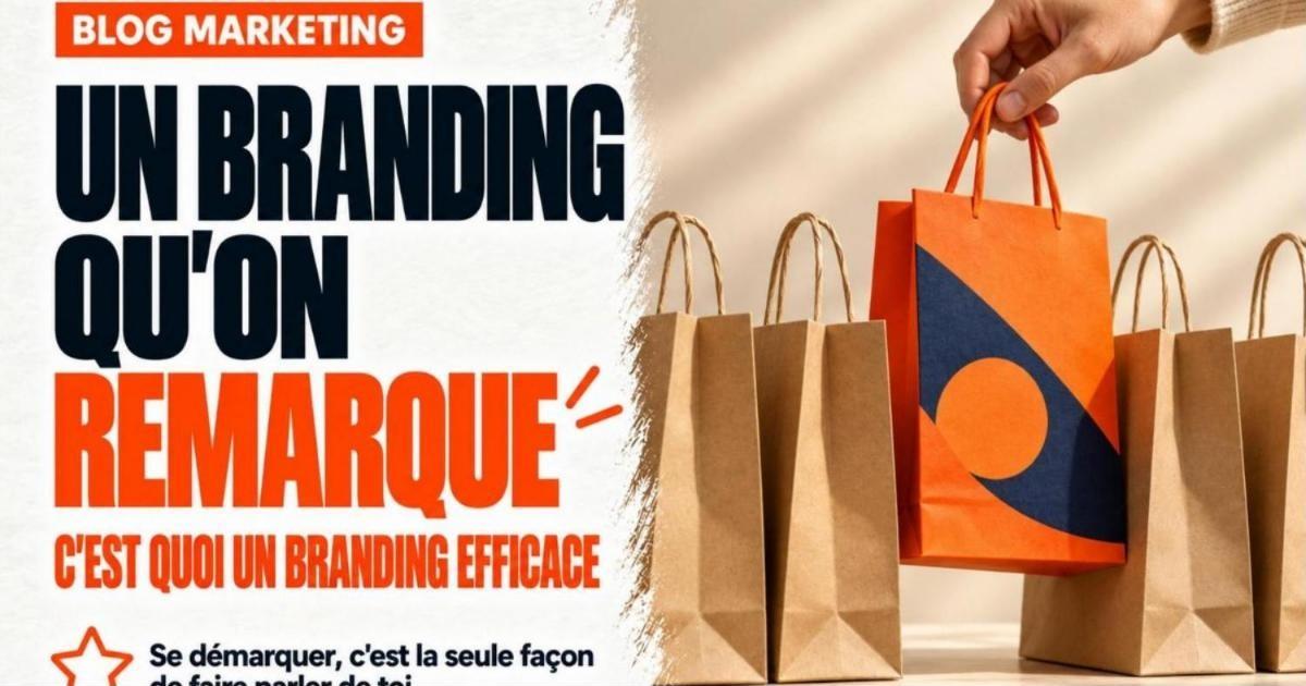 Rangée de sacs en papier kraft identiques et une main qui soulève le seul sac orange et marine avec un logo. Qu'est-ce qu'un branding efficace