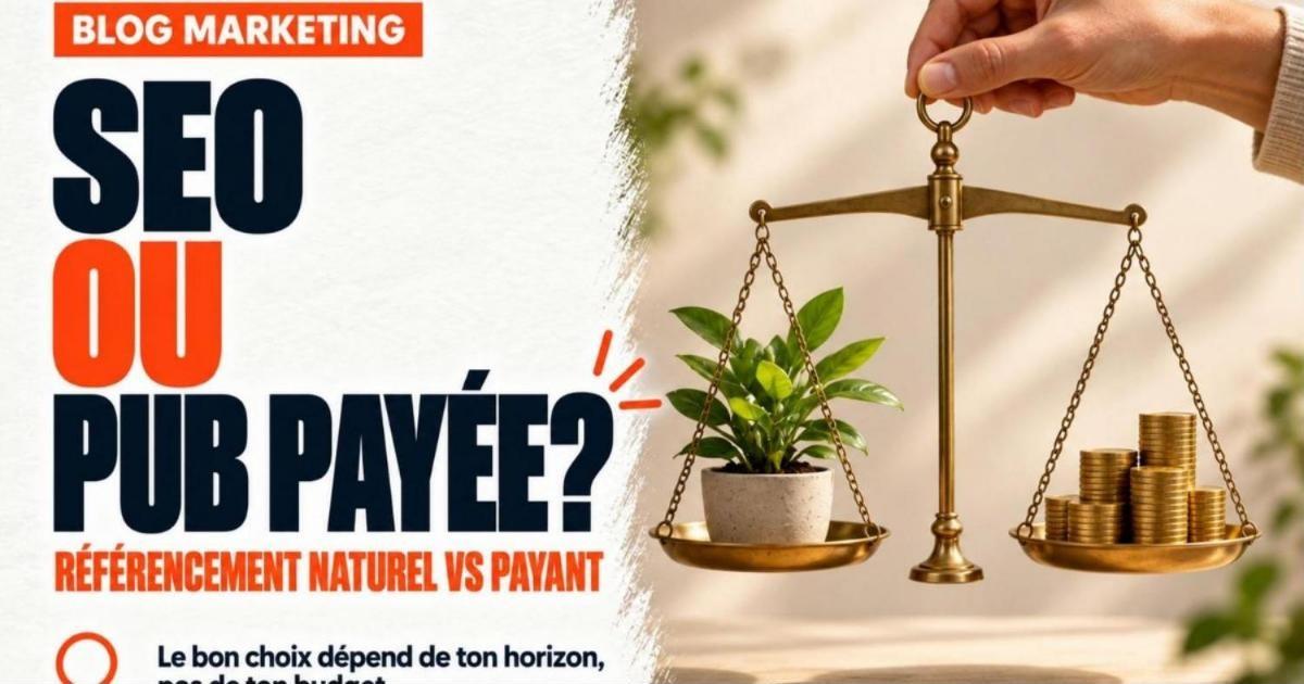 Balance tenue par une main avec une plante qui pousse d'un côté et une pile de pièces de monnaie de l'autre. Référencement naturel ou payant : que choisir