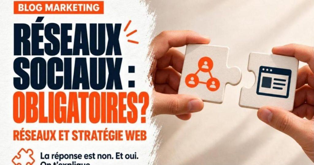 Deux pièces de casse-tête tenues par deux mains, l'une avec une icône de réseaux sociaux, l'autre avec une icône de site web. Réseaux sociaux et stratégie web : indissociables?