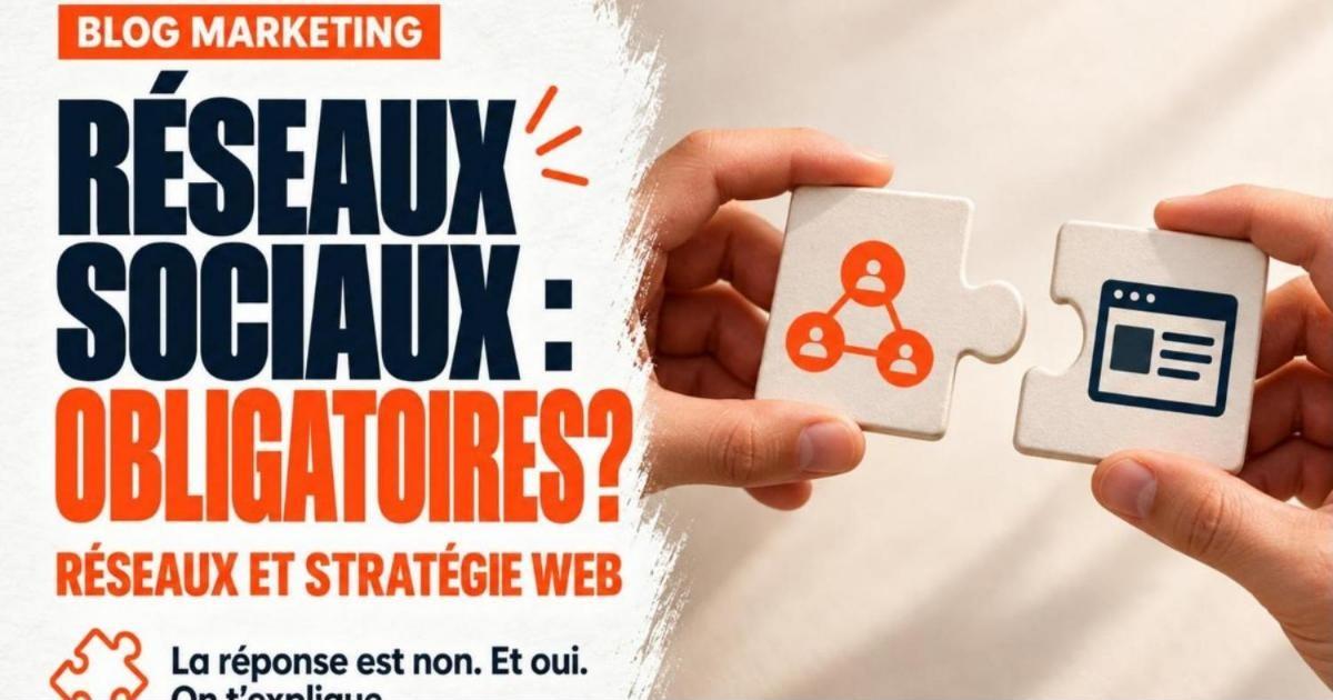 Deux pièces de casse-tête tenues par deux mains, l'une avec une icône de réseaux sociaux, l'autre avec une icône de site web. Réseaux sociaux et stratégie web : indissociables?