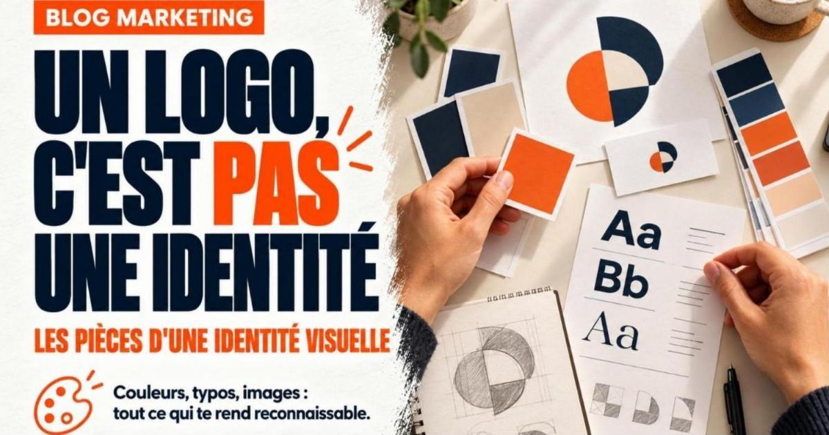 Table de designer vue de haut avec nuanciers de couleurs, échantillons de typographie, logo et carte d'affaires. De quoi est composée une identité visuelle