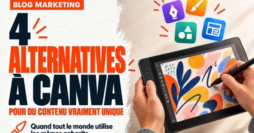 Main de designer avec tablette graphique et quatre icônes d'applications de design. 4 alternatives à Canva pour créer du contenu unique