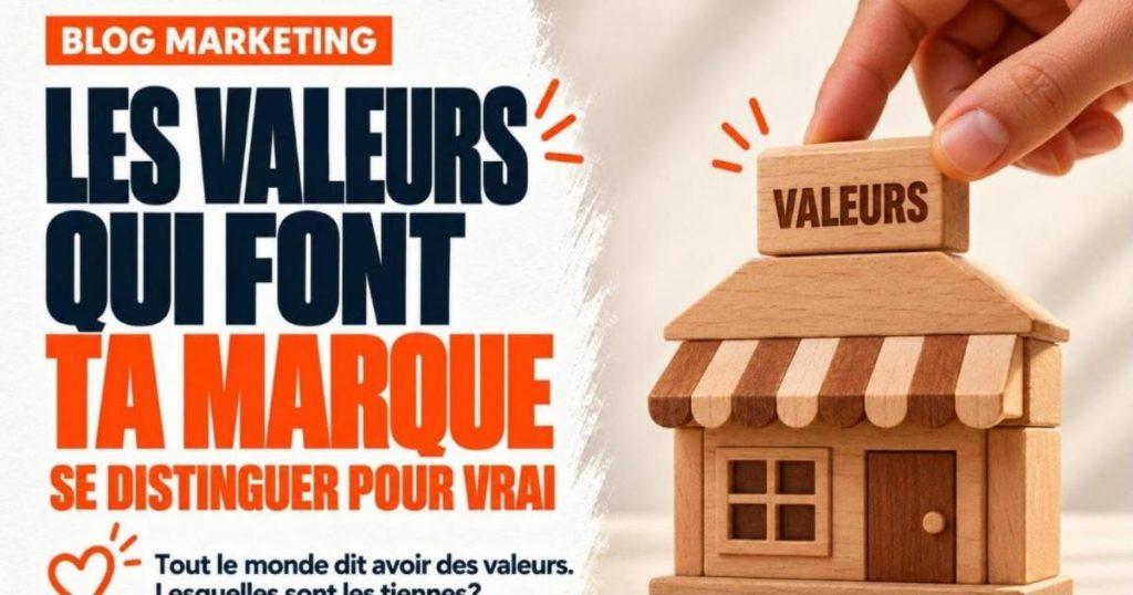 Main qui place une pièce de bois gravée Valeurs au sommet d'une boutique miniature en blocs de bois. Quelles valeurs donner à sa marque