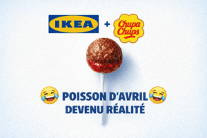 Montage campagne virale IKEA et Chupa Chups : sucette en forme de boulette suédoise, le poisson d'avril devenu réalité