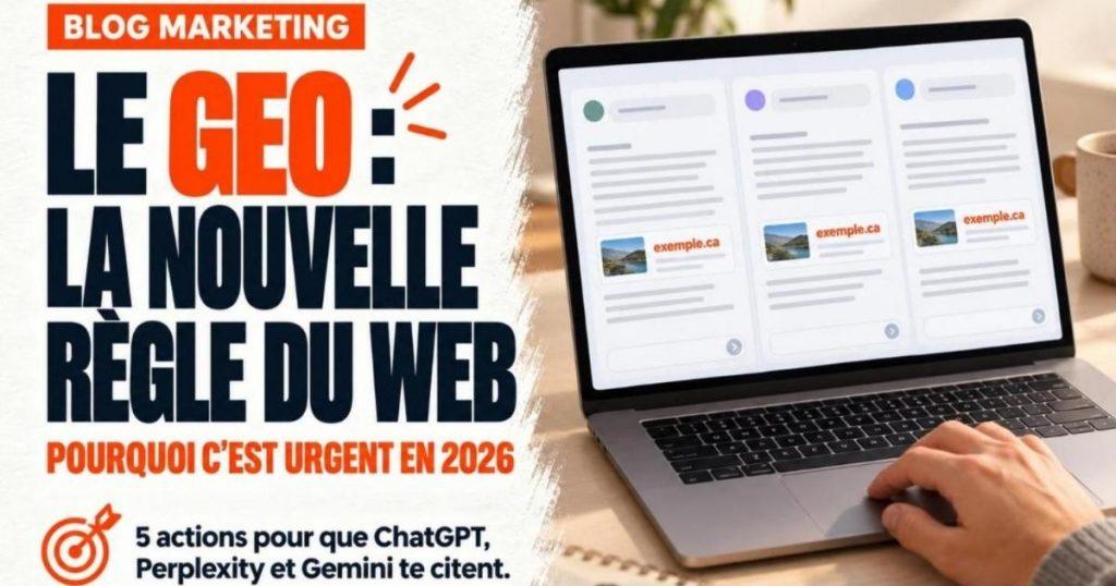 Ordinateur portable affichant trois interfaces de chatbot IA côte à côte avec des réponses surlignées en orange. C'est quoi le GEO (Generative Engine Optimization)