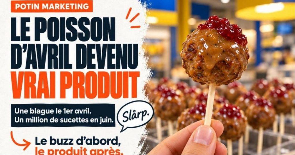 Sucette ronde en forme de boulette de viande suédoise avec sauce brune et confiture rouge. IKEA transforme son poisson d'avril en vrai produit