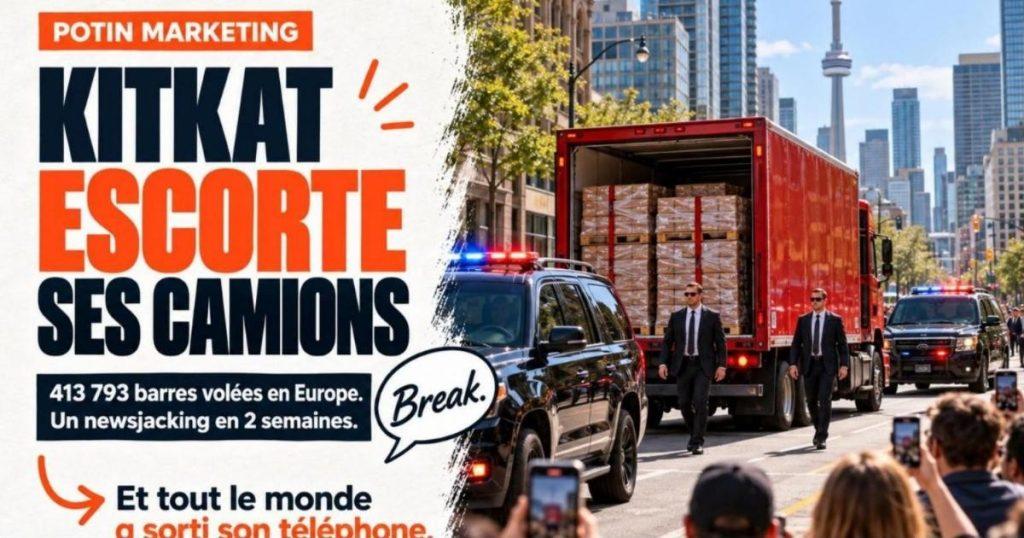 Camion de livraison rouge rempli de barres chocolatées escorté par deux VUS noirs avec gyrophares. KitKat escorte ses propres camions dans Toronto