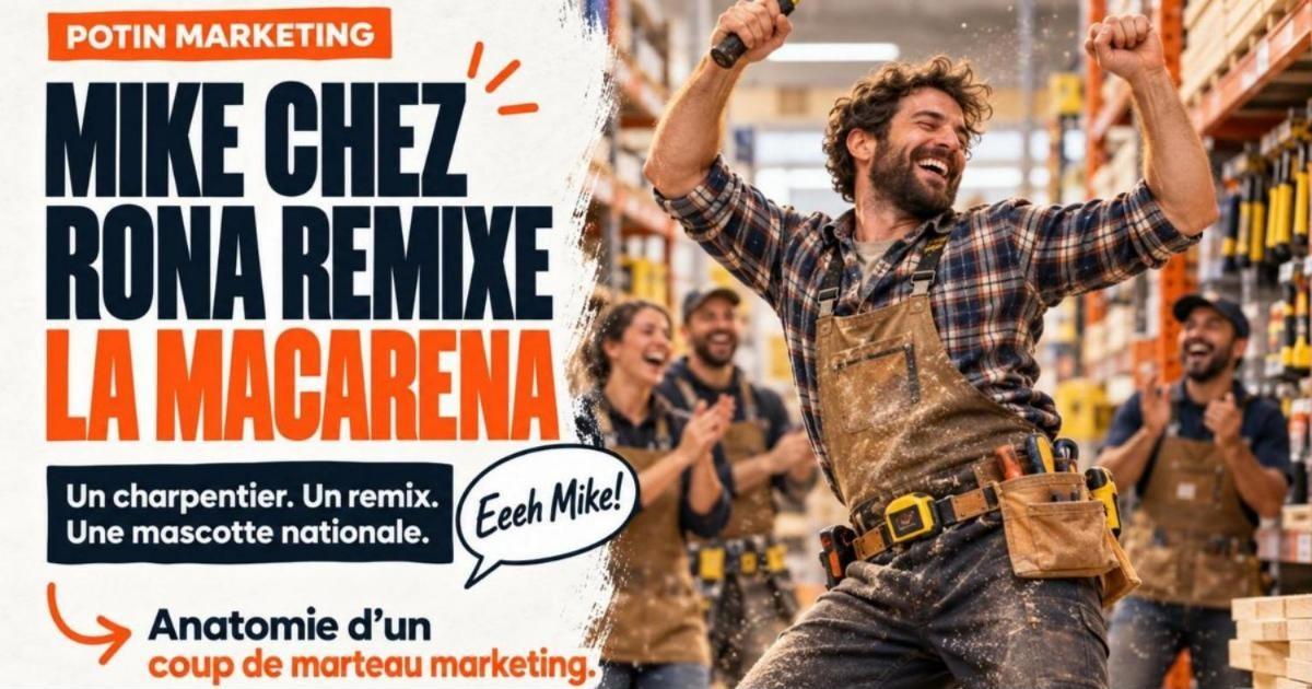 Charpentier barbu et joyeux en chemise à carreaux et ceinture d'outils qui danse les bras levés. Mike chez RONA remixe la Macarena