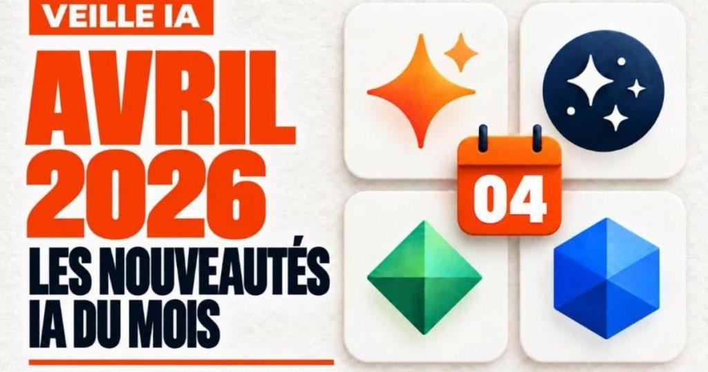Veille IA avril 2026 : grille de quatre cartes d'assistants IA avec un calendrier orange marqué 04. Nouveautés IA avril 2026