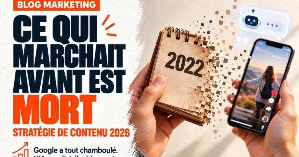 Main tenant un vieux calendrier 2022 qui se désintègre en pixels devant un téléphone affichant une vidéo verticale. Stratégie de contenu 2026 : ce qui marchait avant est mort