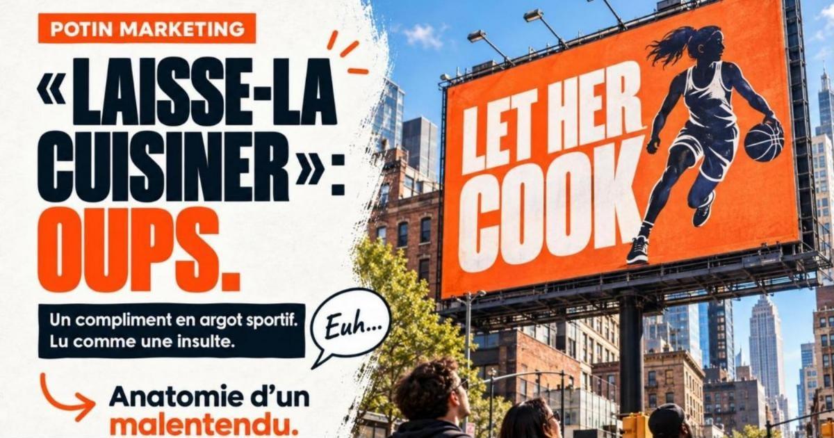 Grand panneau d'affichage orange avec le texte Let Her Cook au-dessus d'une rue américaine. Gatorade, la WNBA et le malentendu Let Her Cook