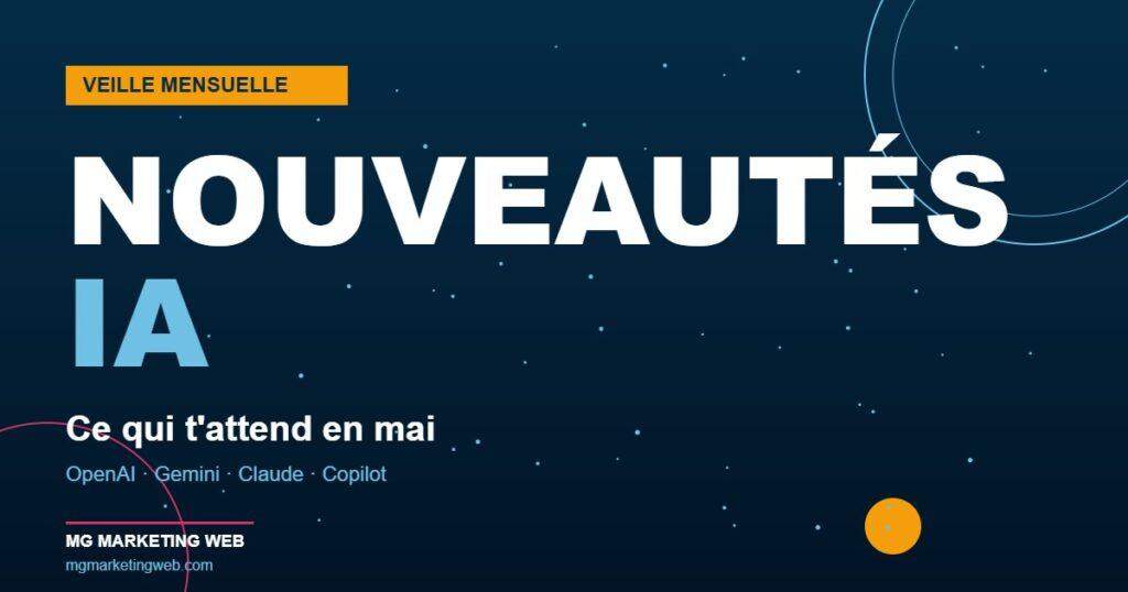 Template hero veille mensuelle Nouveautés IA mai - couleurs MG Marketing Web (bleu marine, turquoise, rose, orange)