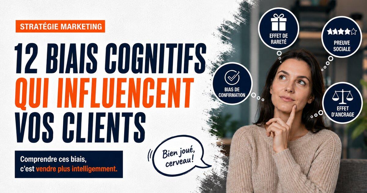 Femme reflechissant avec des bulles representant les biais cognitifs marketing.