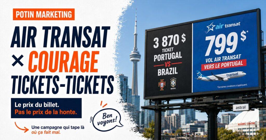 Panneau Air Transat x Courage Tickets-Tickets comparant 3870$ pour un billet du Mondial 2026 (Portugal vs Brazil) versus 799$ pour un vol Air Transat vers le Portugal.