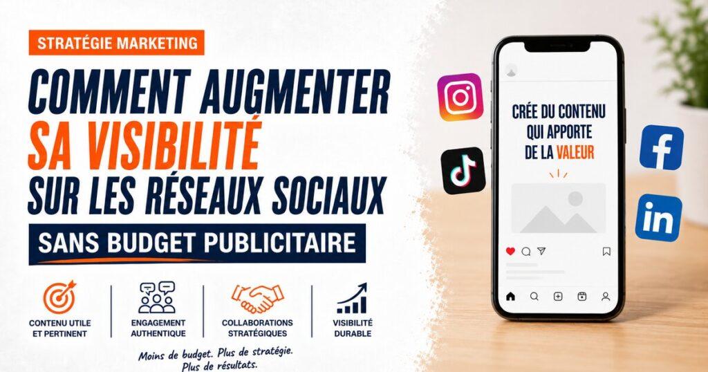 Telephone affichant un post Instagram et icones des reseaux sociaux.
