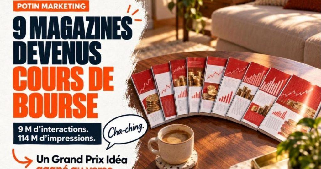 Neuf magazines féminins étalés en éventail sur une table, retournés pour montrer la quatrième de couverture. Banque Nationale transforme des couvertures de magazines en cours d'investissement