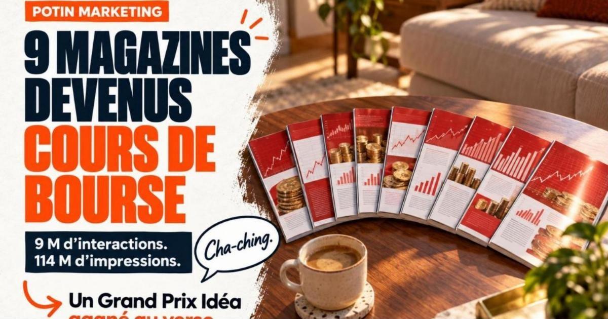 Neuf magazines féminins étalés en éventail sur une table, retournés pour montrer la quatrième de couverture. Banque Nationale transforme des couvertures de magazines en cours d'investissement