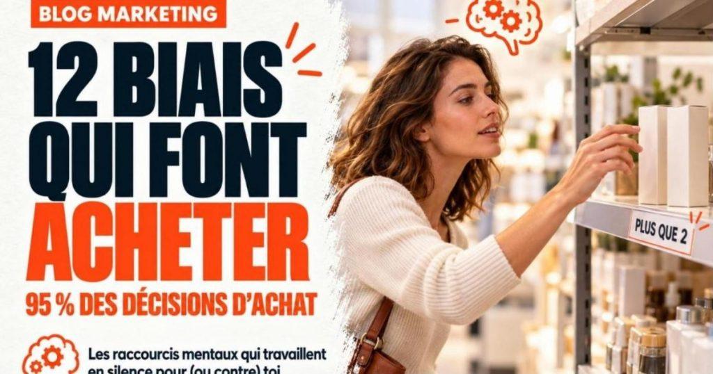 Cliente dans une allée de magasin tendant la main vers une tablette portant l'étiquette Plus que 2. Les 12 biais cognitifs marketing qui font acheter tes clients