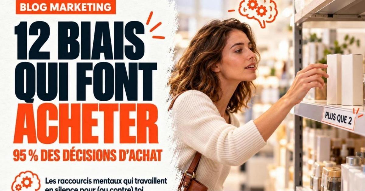Cliente dans une allée de magasin tendant la main vers une tablette portant l'étiquette Plus que 2. Les 12 biais cognitifs marketing qui font acheter tes clients