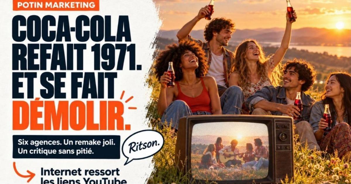 Groupe de jeunes de toutes origines debout sur une colline verte au coucher du soleil, bouteilles à la main. Coca-Cola remake sa pub culte Hilltop de 1971