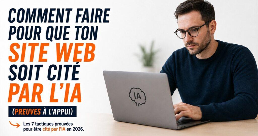 Homme avec lunettes devant son ordinateur portable, illustrant les techniques pour que ton site web soit cite par ChatGPT et les moteurs IA en 2026 (GEO et AEO).