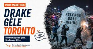 Drake et 800 fans devant la montagne de 3500 blocs de glace plantee au 81 Bond Street a Toronto le 20 avril 2026 pour annoncer son album Iceman.