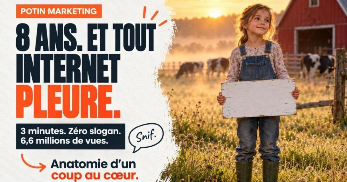 Fillette de 8 ans en bottes de caoutchouc et salopette debout dans un champ au lever du soleil. La pub de la Famille du lait avec Jeanne devient virale