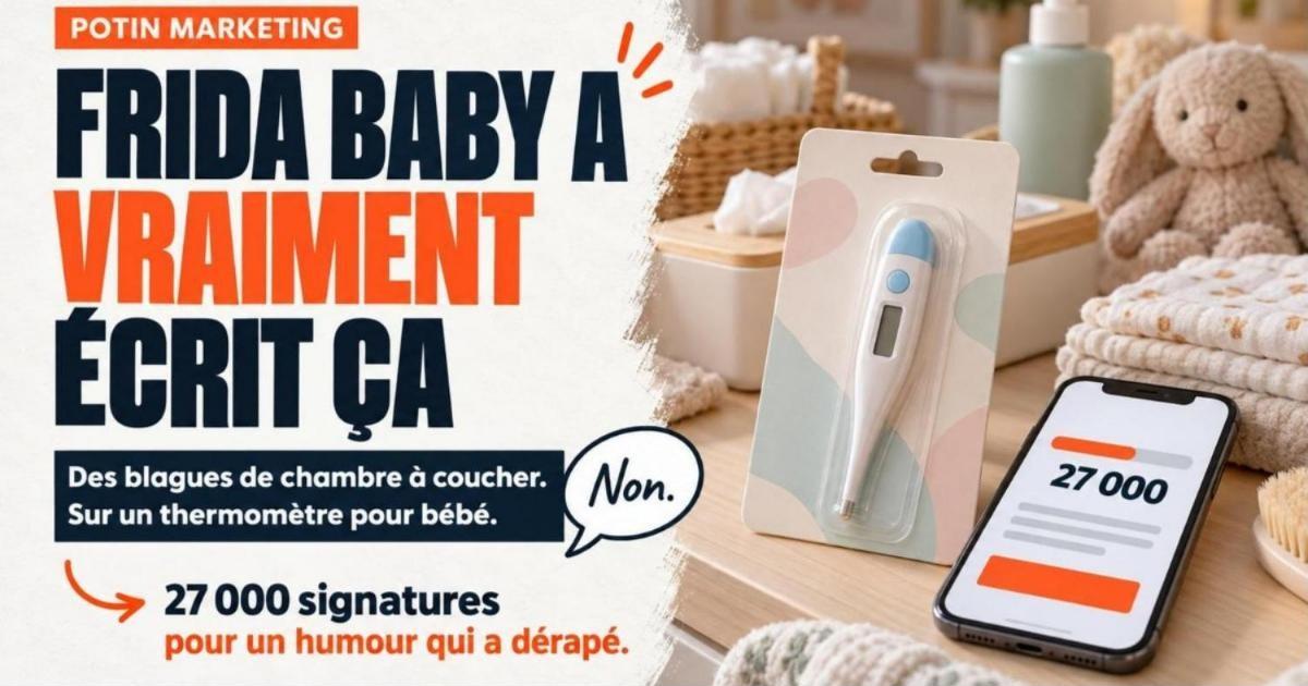 Table à langer avec produits pour bébé pastel et un thermomètre dans son emballage au premier plan. Frida Baby et les blagues sexuelles sur les thermomètres pour bébé