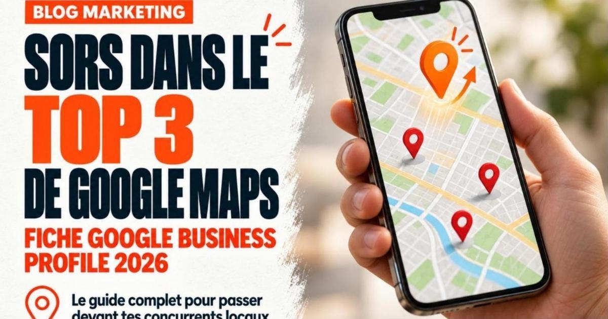 Téléphone affichant une carte avec trois épingles rouges de commerces et une grosse épingle orange. Optimiser sa fiche Google Business Profile en 2026