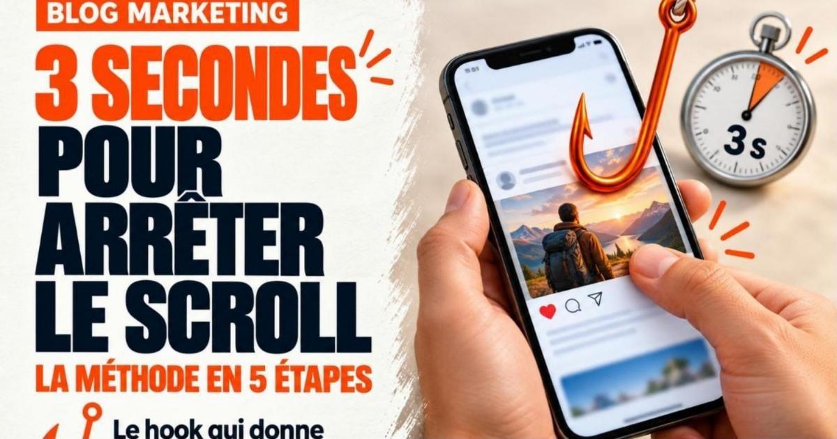 Pouce qui scrolle sur un téléphone et s'arrête sur une publication accrochée par un hameçon orange, chrono à côté. Hook qui arrête le scroll : la méthode en 5 étapes