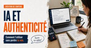 Femme qui ecrit a la main devant un ordinateur affichant un assistant IA, illustrant la creation de contenu sans perdre son authenticite.