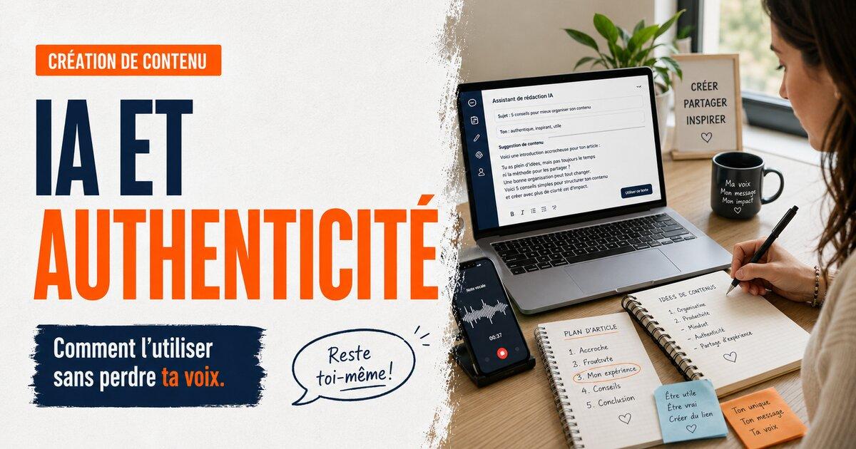 Femme qui ecrit a la main devant un ordinateur affichant un assistant IA, illustrant la creation de contenu sans perdre son authenticite.