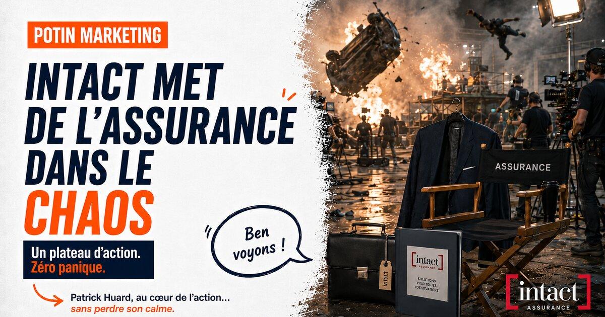 Patrick Huard sur un plateau de tournage d action avec voiture qui explose et cascades, pastiche du film d action pour Intact Assurance signe Cossette (mai 2026).