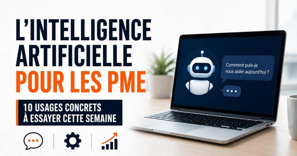 Ordinateur portable affichant un robot IA stylise avec icones graphiques, illustrant 10 usages concrets de l intelligence artificielle pour les PME a tester cette semaine.