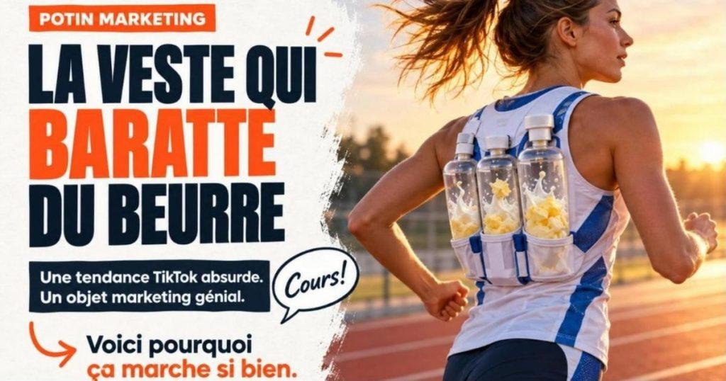 Coureuse de profil sur une piste au lever du soleil, portant une veste technique qui baratte du beurre. Lactantia invente une veste qui baratte du beurre en courant