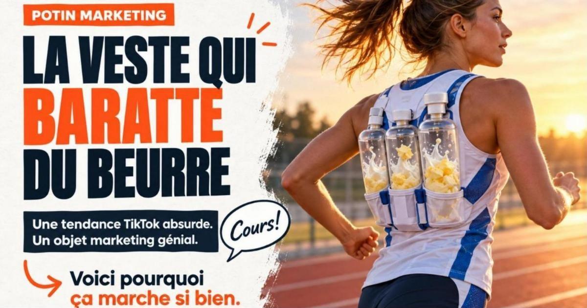 Coureuse de profil sur une piste au lever du soleil, portant une veste technique qui baratte du beurre. Lactantia invente une veste qui baratte du beurre en courant