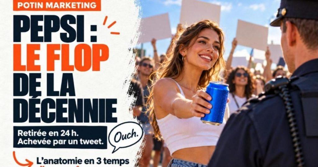 Canette de boisson gazeuse bleue tendue par une main de mannequin vers un policier de dos pendant une manifestation. Pepsi et Kendall Jenner : anatomie d'un flop publicitaire