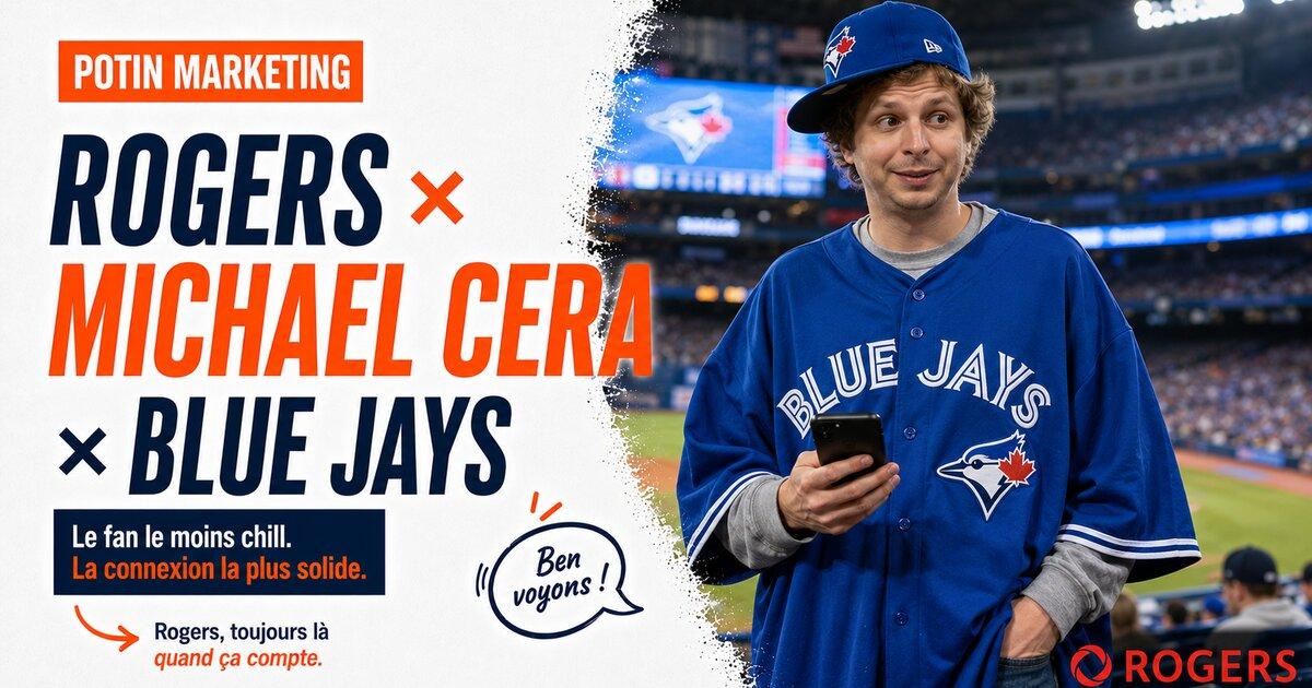 Michael Cera en superfan awkward des Toronto Blue Jays, maillot bleu trop grand, casquette de travers, smartphone en main, dans la nouvelle campagne Rogers signee Publicis Toronto.