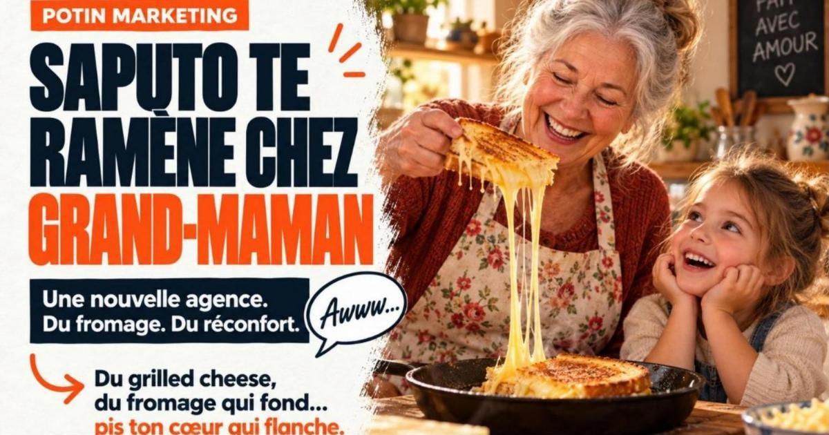 Grand-mère souriante en tablier fleuri qui soulève un grilled cheese au fromage filant dans sa cuisine. Saputo et Courage : une pub qui te ramène chez ta grand-mère