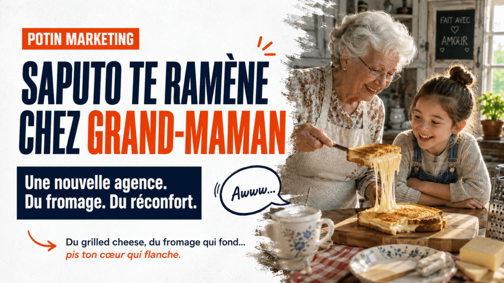 Image mise en avant potin marketing Saputo pub grand-maman fromage grilled cheese Courage agence