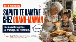 Image mise en avant potin marketing Saputo pub grand-maman fromage grilled cheese Courage agence