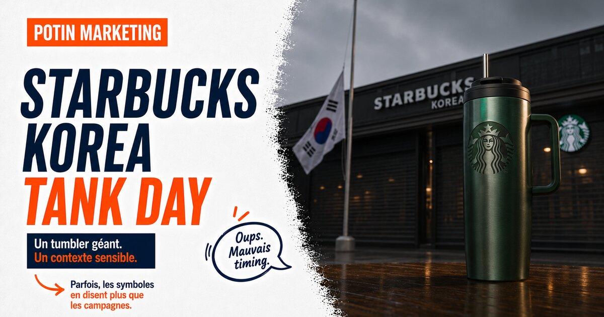 Tumbler Starbucks vert metallique pres d un magasin Starbucks Korea avec drapeau sud-coreen. Flop de la campagne Tank Day sortie l anniversaire du massacre de Gwangju.