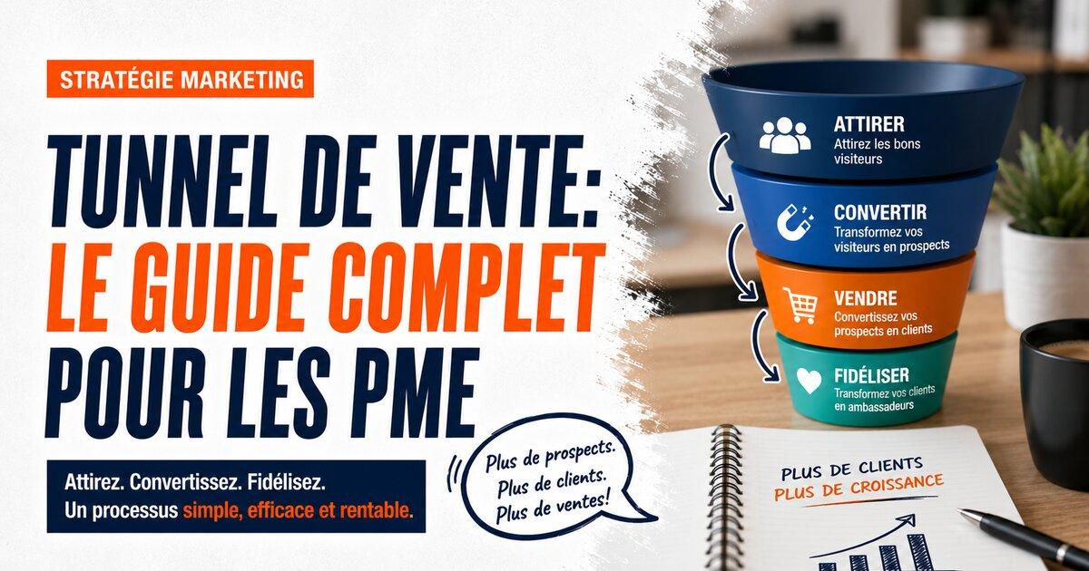 Schema d entonnoir de tunnel de vente pour PME : attirer, convertir, vendre, fideliser.