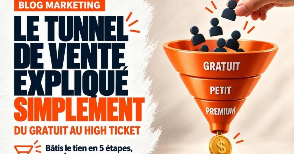 Entonnoir orange en 3D dans lequel une main verse des silhouettes de personnes et d'où sort une pièce de monnaie. C'est quoi un tunnel de vente? Le guide simple pour ta PME