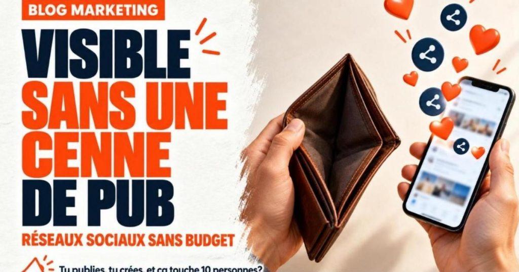 Portefeuille vide ouvert dans une main et un téléphone d'où s'échappent des cœurs et des icônes de partage. Augmenter sa visibilité sur les réseaux sociaux sans budget