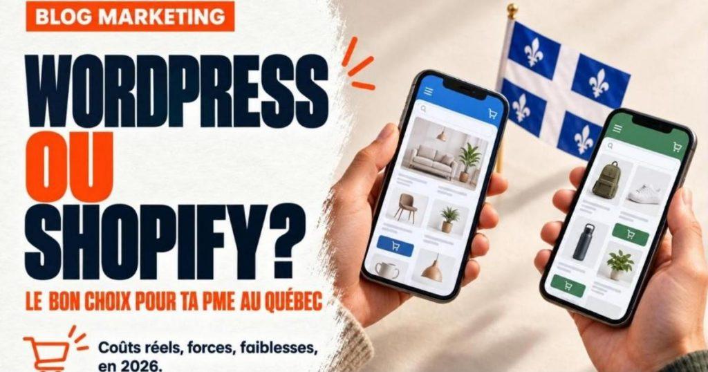 Deux mains tenant chacune un téléphone avec une boutique en ligne, une bleue et une verte, face à face. WordPress vs Shopify : lequel choisir pour ta PME au Québec en 2026