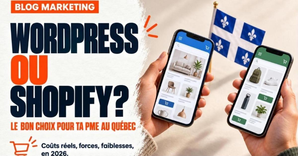 Deux mains tenant chacune un téléphone avec une boutique en ligne, une bleue et une verte, face à face. WordPress vs Shopify : lequel choisir pour ta PME au Québec en 2026