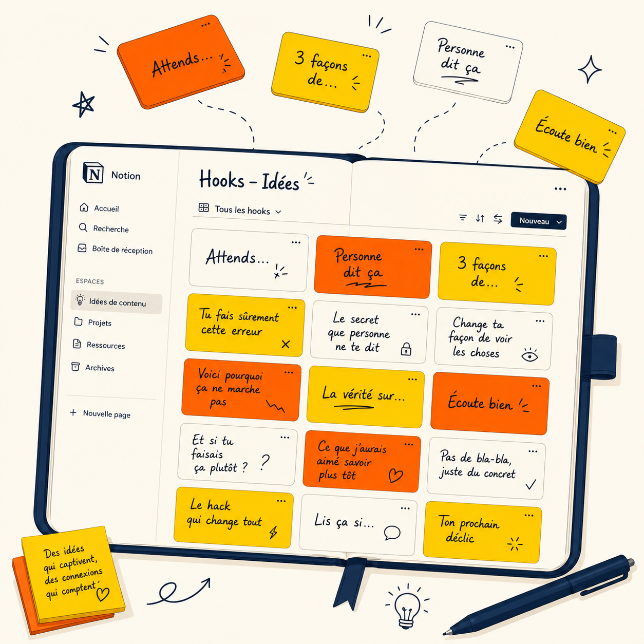 Notion HOOK LAB avec 50 accroches organisées